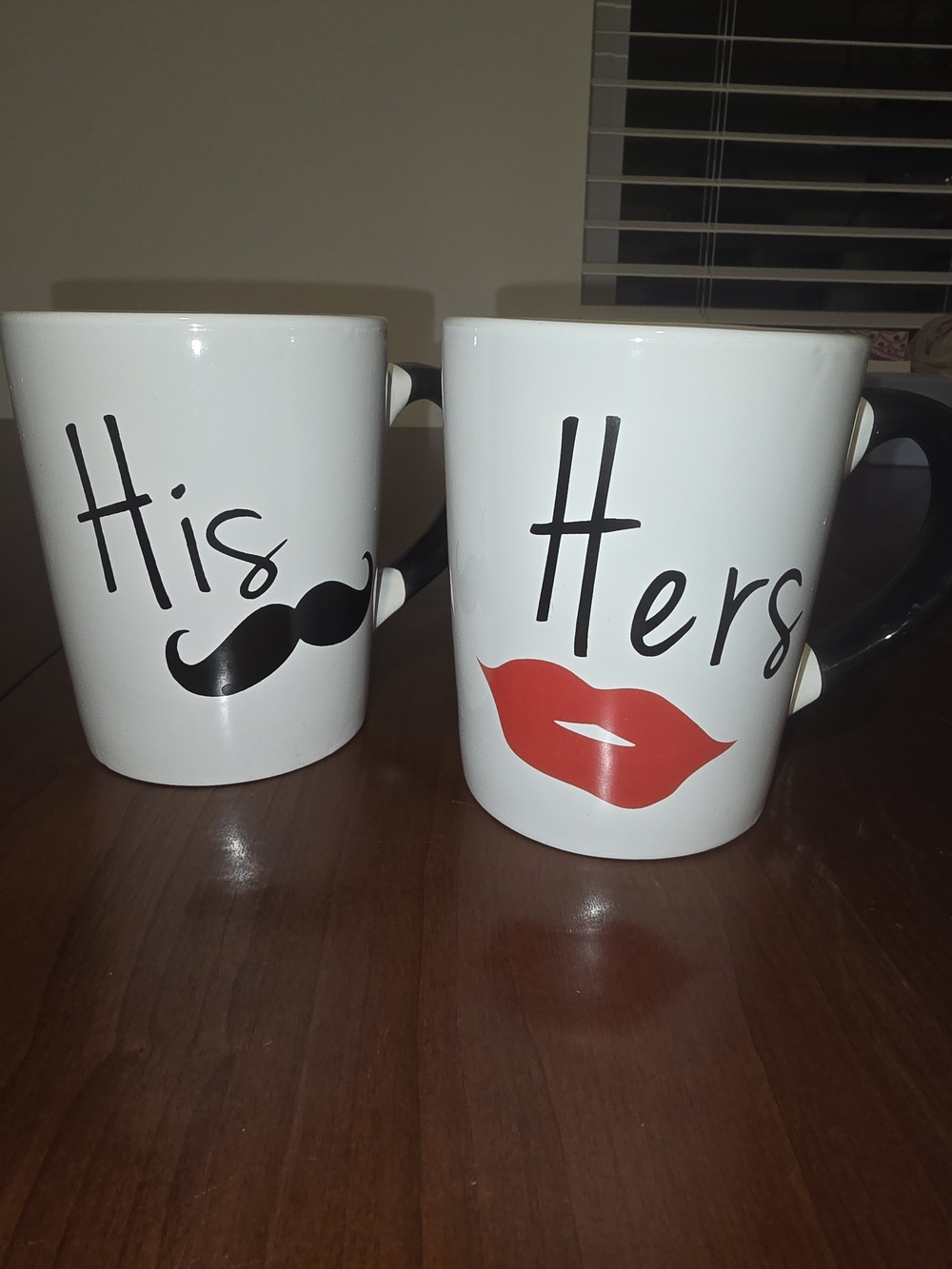 His and Hers White Stoneware 20 oz Mugs Set with Black Mustache and Red Lips 💋